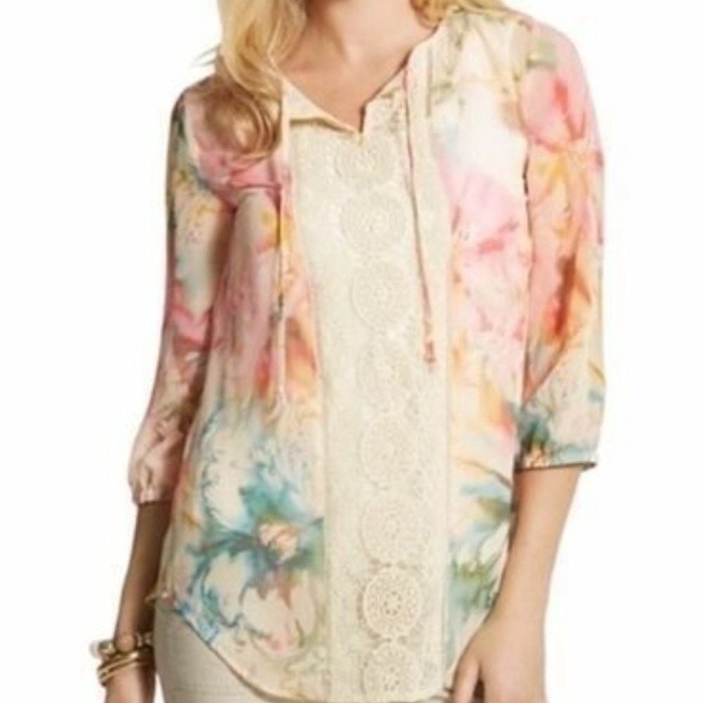Chico's Blouse Multicolor Floral Crochet Lace Panel Sheer Boho Peasant Top Sz 0